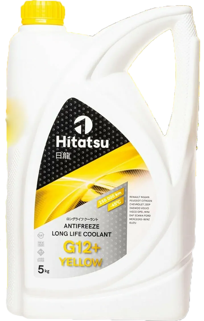 АНТИФРИЗ ЖЕЛТЫЙ Long Life Coolant G12+ YELLOW 5кг готовый, (от -45 до +130 250.000км) OAT HITATSU AFHY5