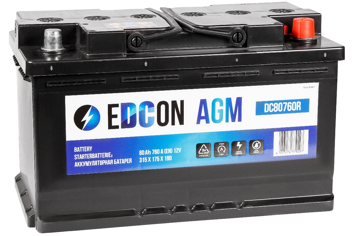 Изображение Аккумулятор 80 ач 760 а 315x175x190 мм 0 (-+) обратная EDCON DC80760R Аккумулятор 80 ач 760 а 315x175x190 мм 0 (-+) обратная EDCON DC80760R