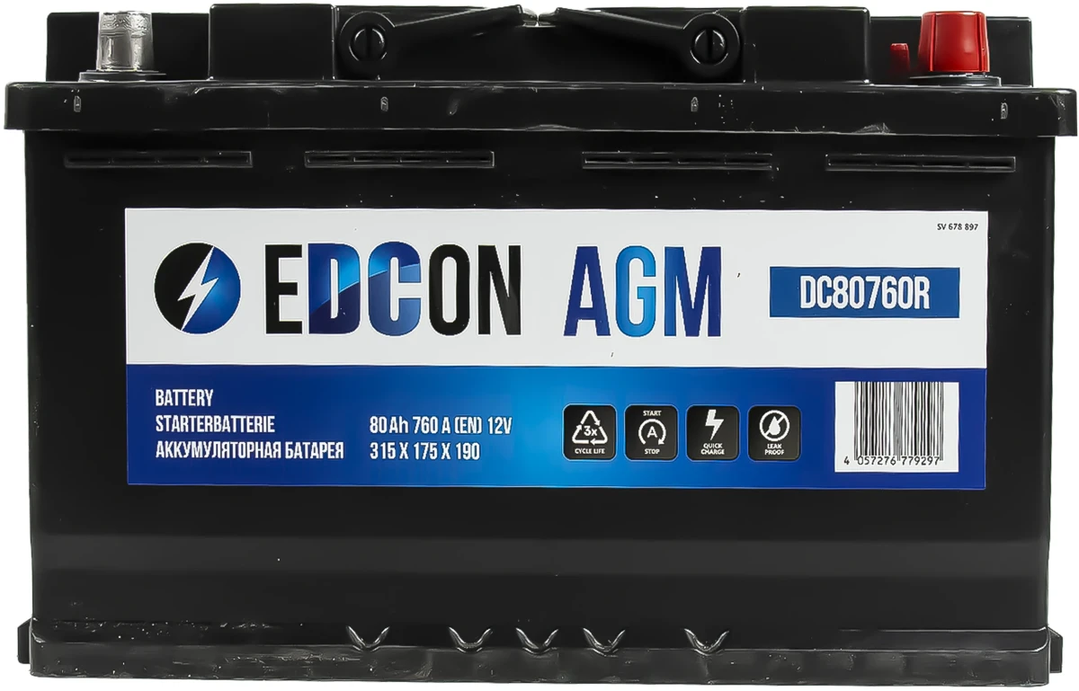Изображение Аккумулятор 80 ач 760 а 315x175x190 мм 0 (-+) обратная EDCON DC80760R Аккумулятор 80 ач 760 а 315x175x190 мм 0 (-+) обратная EDCON DC80760R