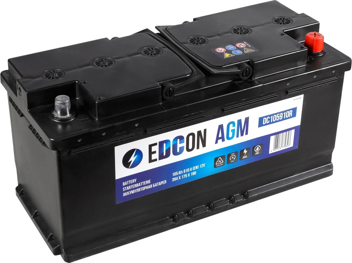 Изображение Аккумулятор 105 ач 910 а 394x175x190 мм 0 (-+) обратная EDCON DC105910R Аккумулятор 105 ач 910 а 394x175x190 мм 0 (-+) обратная EDCON DC105910R