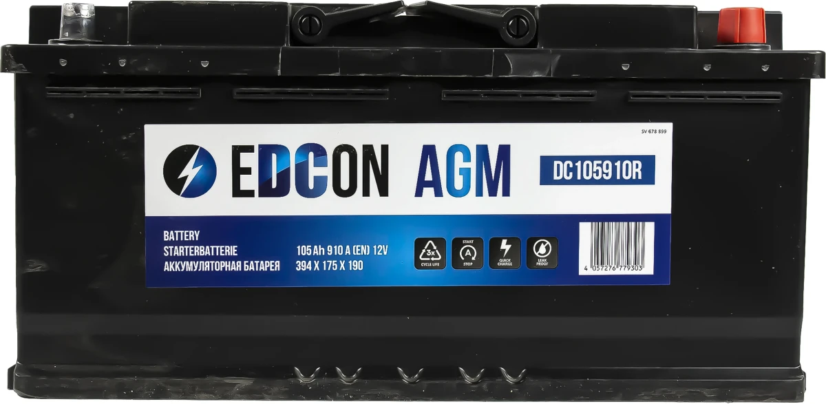 Изображение Аккумулятор 105 ач 910 а 394x175x190 мм 0 (-+) обратная EDCON DC105910R Аккумулятор 105 ач 910 а 394x175x190 мм 0 (-+) обратная EDCON DC105910R