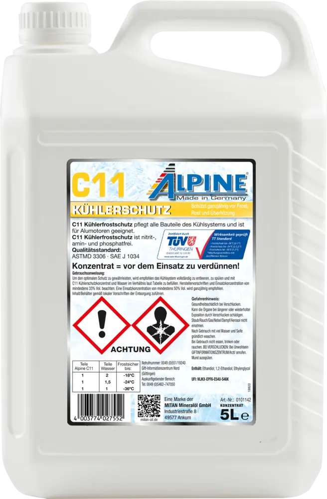 Kuhlerfrostschutz antifreeze gelb (с11) // astm d 3306, sae j 1034, afnor r-15-601, bs 6580:1992. ALPINE OIL 0101142