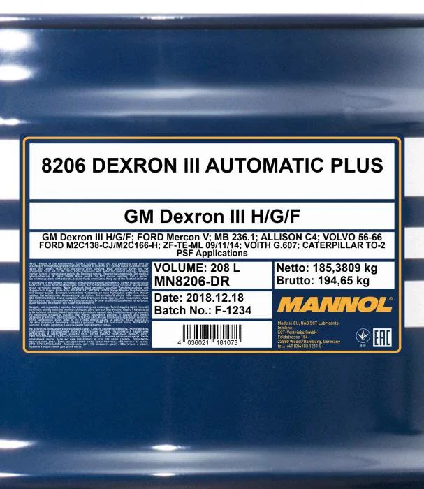 Изображение Трансмиссионное масло MANNOL 8206 AUTOMATIK PLUS ATF DEXRON III 208л 2636 Трансмиссионное масло MANNOL 8206 AUTOMATIK PLUS ATF DEXRON III 208л 2636