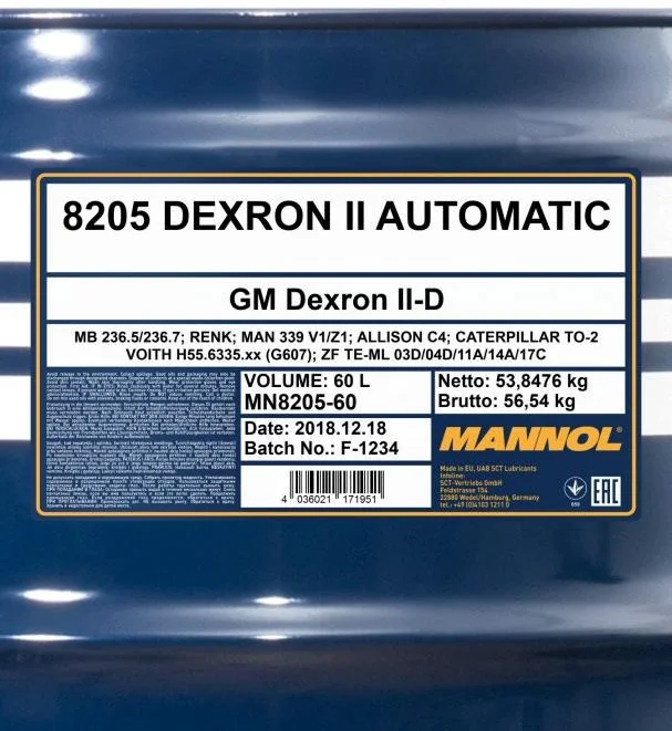 Изображение Трансмиссионное масло MANNOL 8205 AUTOMATIK ATF DEXRON II D 60л 96129 Трансмиссионное масло MANNOL 8205 AUTOMATIK ATF DEXRON II D 60л 96129