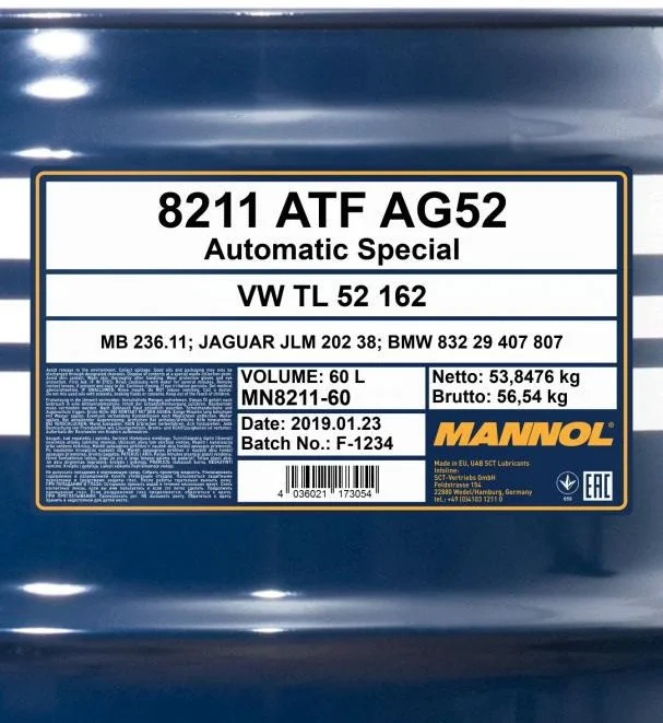 Изображение Трансмиссионное масло MANNOL 8211 ATF AG52 60л 96005 Трансмиссионное масло MANNOL 8211 ATF AG52 60л 96005