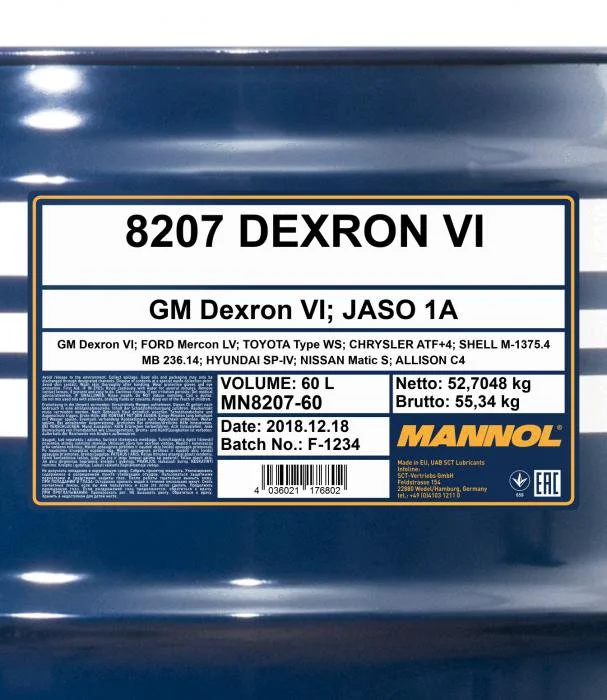 Изображение Трансмиссионное масло MANNOL 8207 ATF DEXRON VI л 54763 Трансмиссионное масло MANNOL 8207 ATF DEXRON VI л 54763