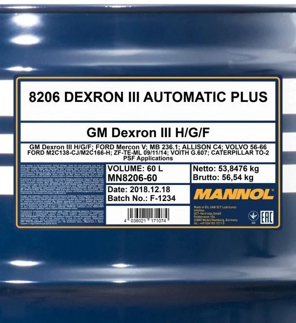 Изображение Трансмиссионное масло MANNOL 8206 AUTOMATIK PLUS ATF DEXRON III 60л 96143 Трансмиссионное масло MANNOL 8206 AUTOMATIK PLUS ATF DEXRON III 60л 96143