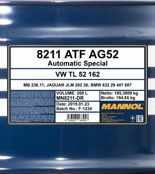 Изображение Трансмиссионное масло MANNOL 8211 ATF AG52 208л 52908 Трансмиссионное масло MANNOL 8211 ATF AG52 208л 52908
