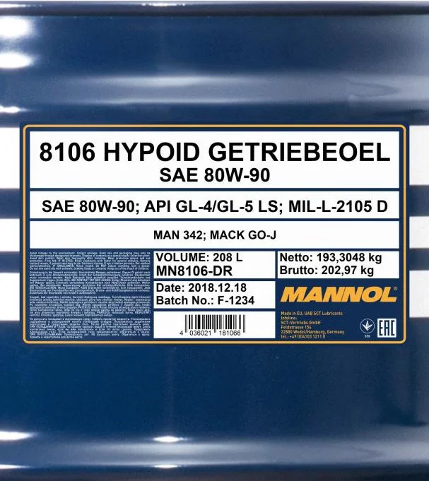 Изображение Трансмиссионное масло MANNOL 8106 HYPOID 80W-90 208л 5611 Трансмиссионное масло MANNOL 8106 HYPOID 80W-90 208л 5611