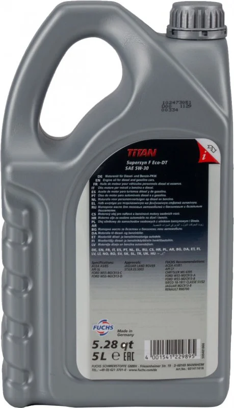 Изображение Масло моторное FUCHS TITAN SUPERSYN F ECO-DT 5W-30 5л 601411618 Масло моторное FUCHS TITAN SUPERSYN F ECO-DT 5W-30 5л 601411618