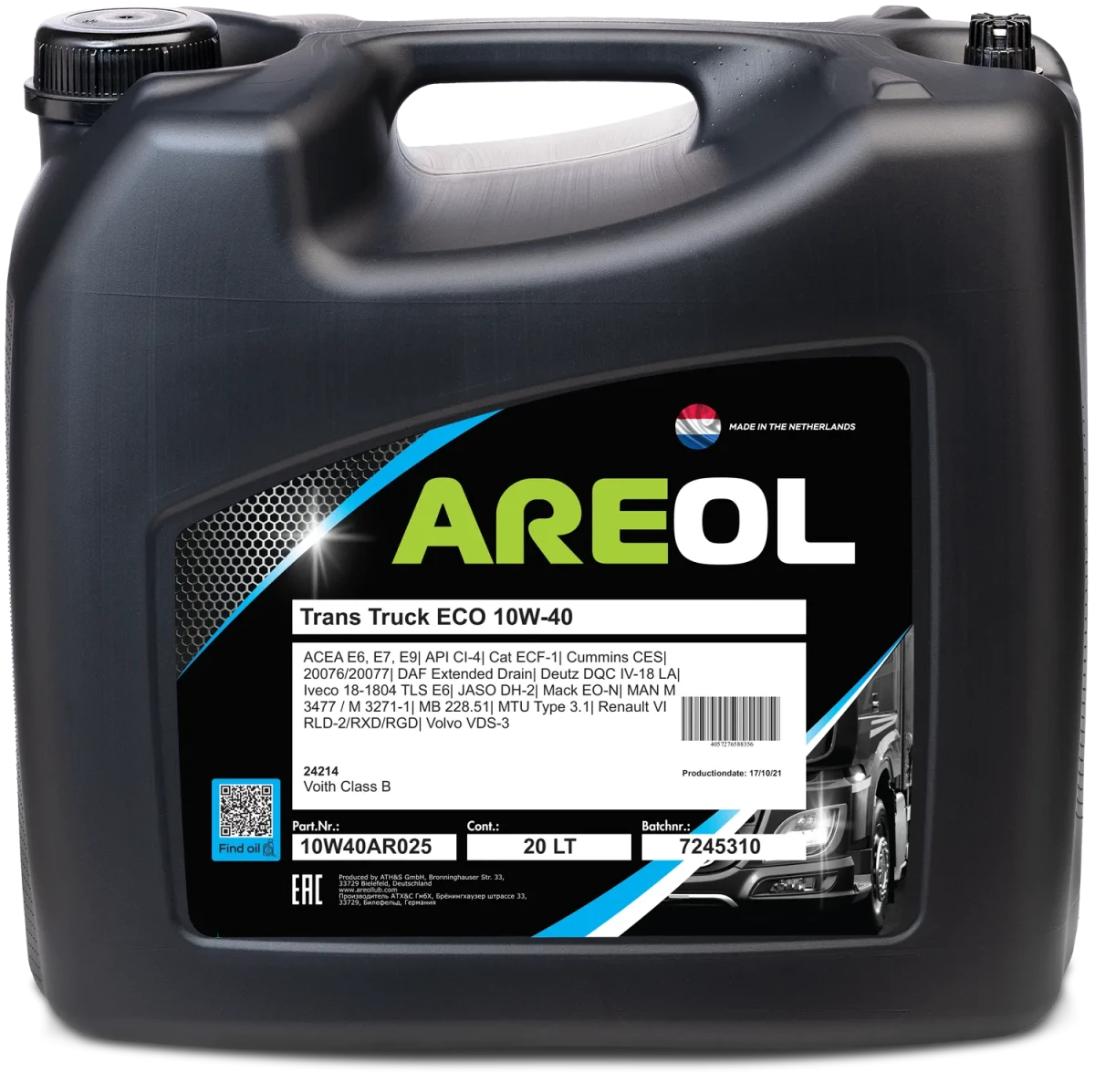 Масло моторное AREOL TRANS TRUCK ECO 10W-40 20л 10W40AR025